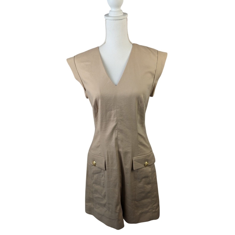 Veronica Beard Skylar Tan Linen Blend V-Neck Mini Dress Gold Crest Buttons Sz 8